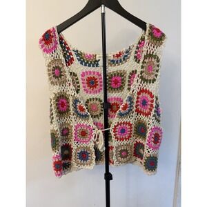 Granny Square Vest Natural Life L/XL Sweater Open Tie Boho Festival Crochet Top